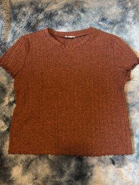 Ardene Ribbed Rust Brown Lettuce Hem Top | Large